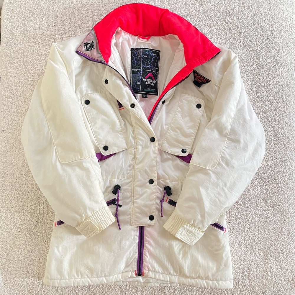 Retro 80s Mountain Goat Puffer Ski Jacket White Pink Purple Vintage Rare Winter